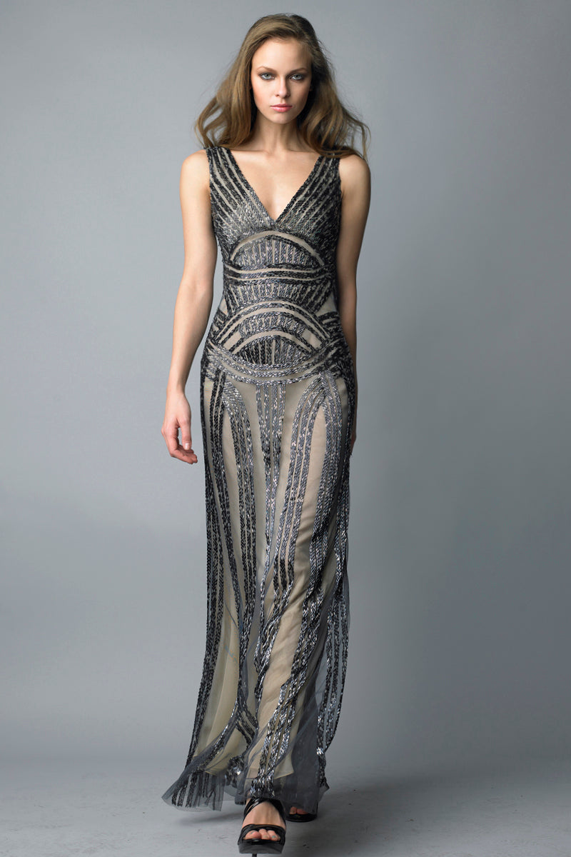 

Платье с V-образным вырезом и отделкой бисером в стиле ар-деко Basix Black Label, Gunmetal