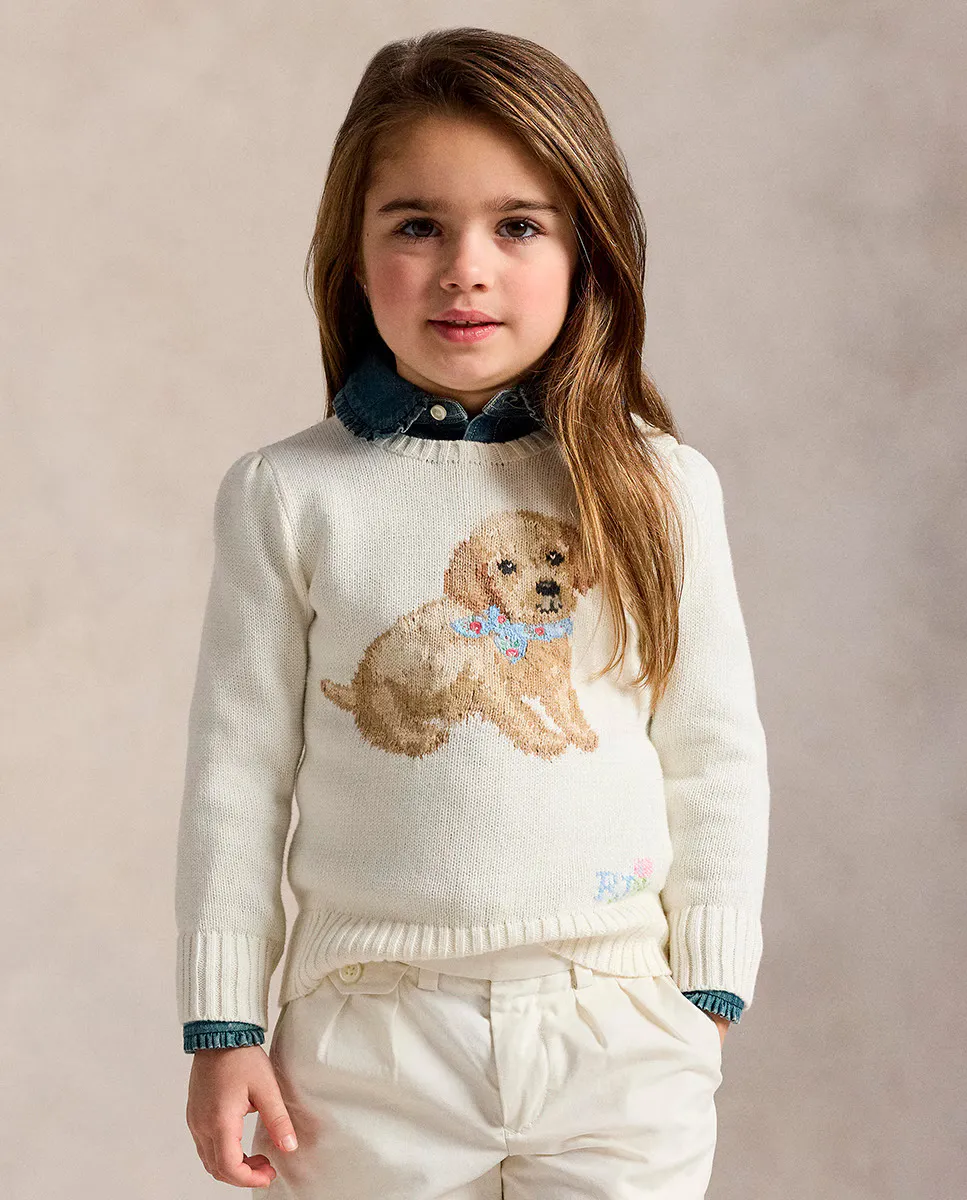 

Хлопковый девичий свитер с собакой Polo Ralph Lauren, белый
