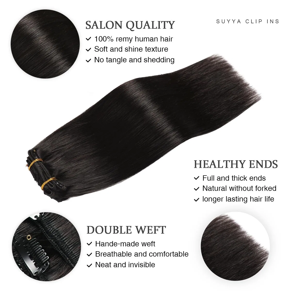 Натуральные накладные волосы SUYYA на заколках, 45 см, 80 г, цвет #1B Natural Black Suyya — фото 3