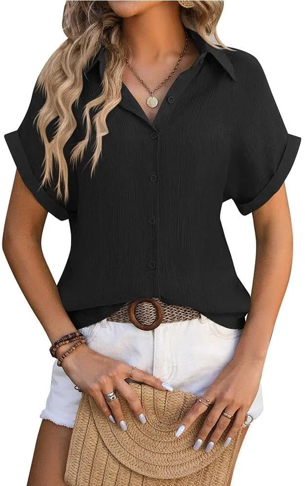 

FMCHICO Женская льняная рубашка с коротким рукавом и V-образным вырезом