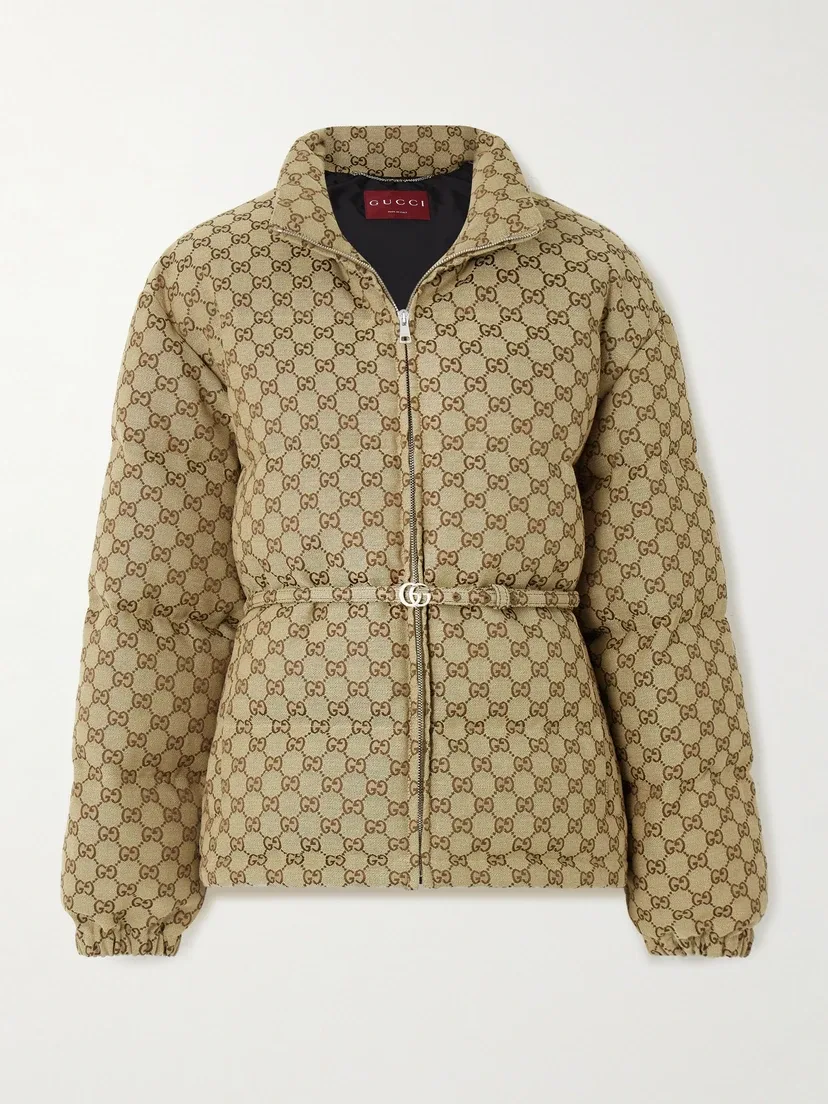 Пуховик GUCCI Из смеси хлопка с кожаными вставками, С поясом, Хаки