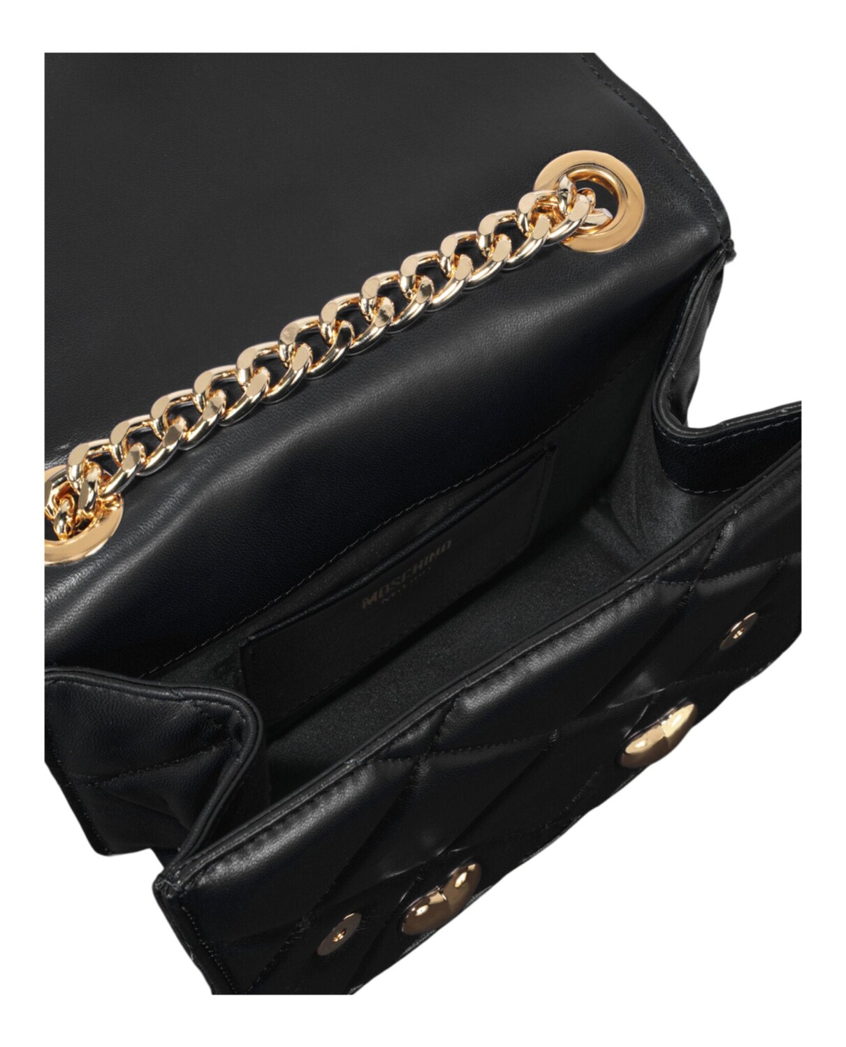 

Стеганая сумка через плечо с заклепками в форме сердца Moschino, цвет Fantasy Print Black