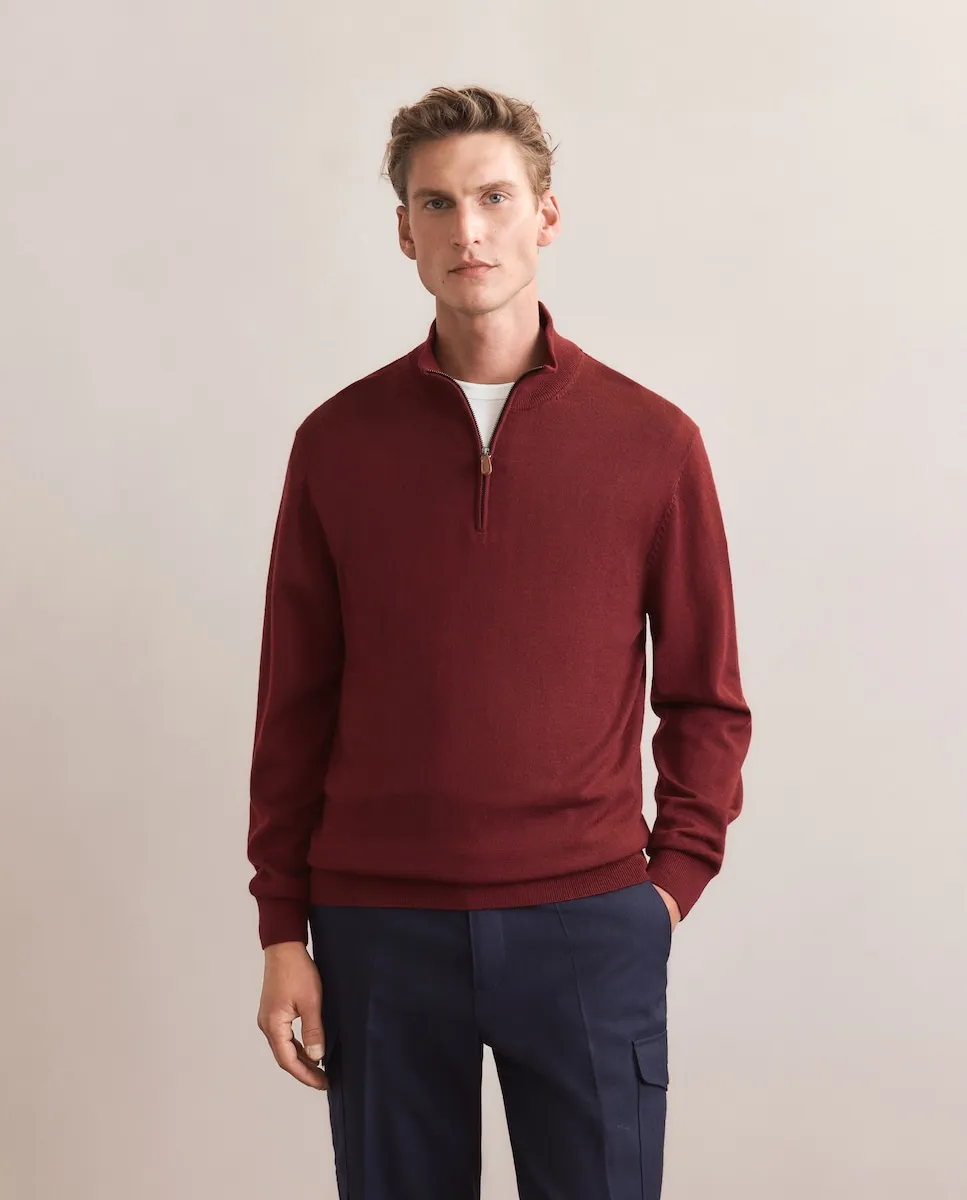 

Свитер с полугольфом на молнии, однотонный, 100% мериносовая шерсть Emidio Tucci, бордовый