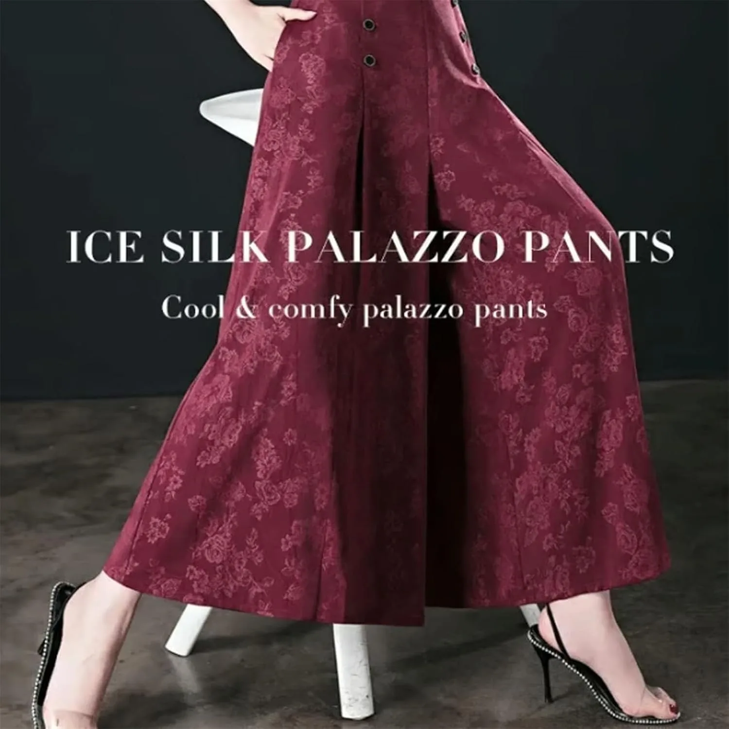 Шелковые палаццо брюки Ice Silk, прохладные и удобные палаццо, повседневные брюки для женщин, принтованные укороченные брюки с высокой талией Generic, красный — фото 2