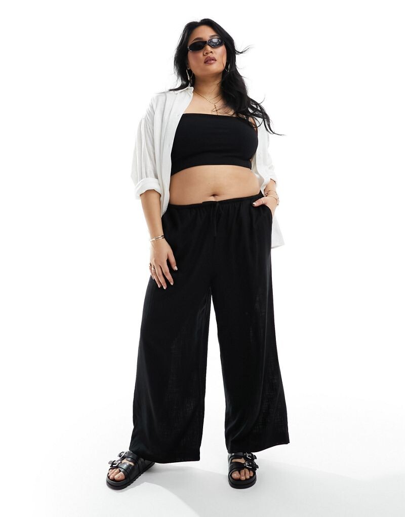 

Черные льняные широкие брюки без застежек ASOS DESIGN Curve