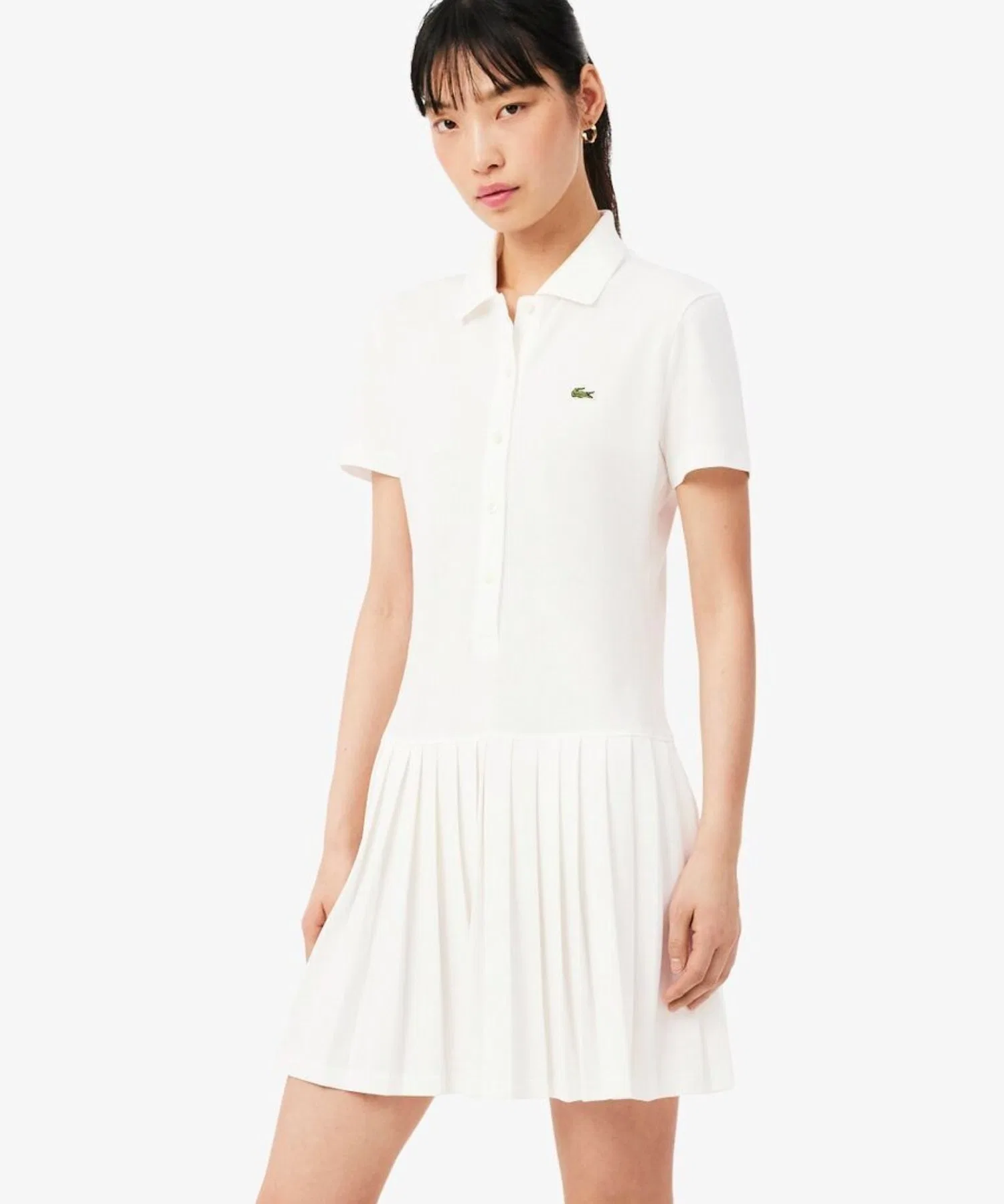 Платье-поло LACOSTE из хлопка-пике с плиссировкой, белое