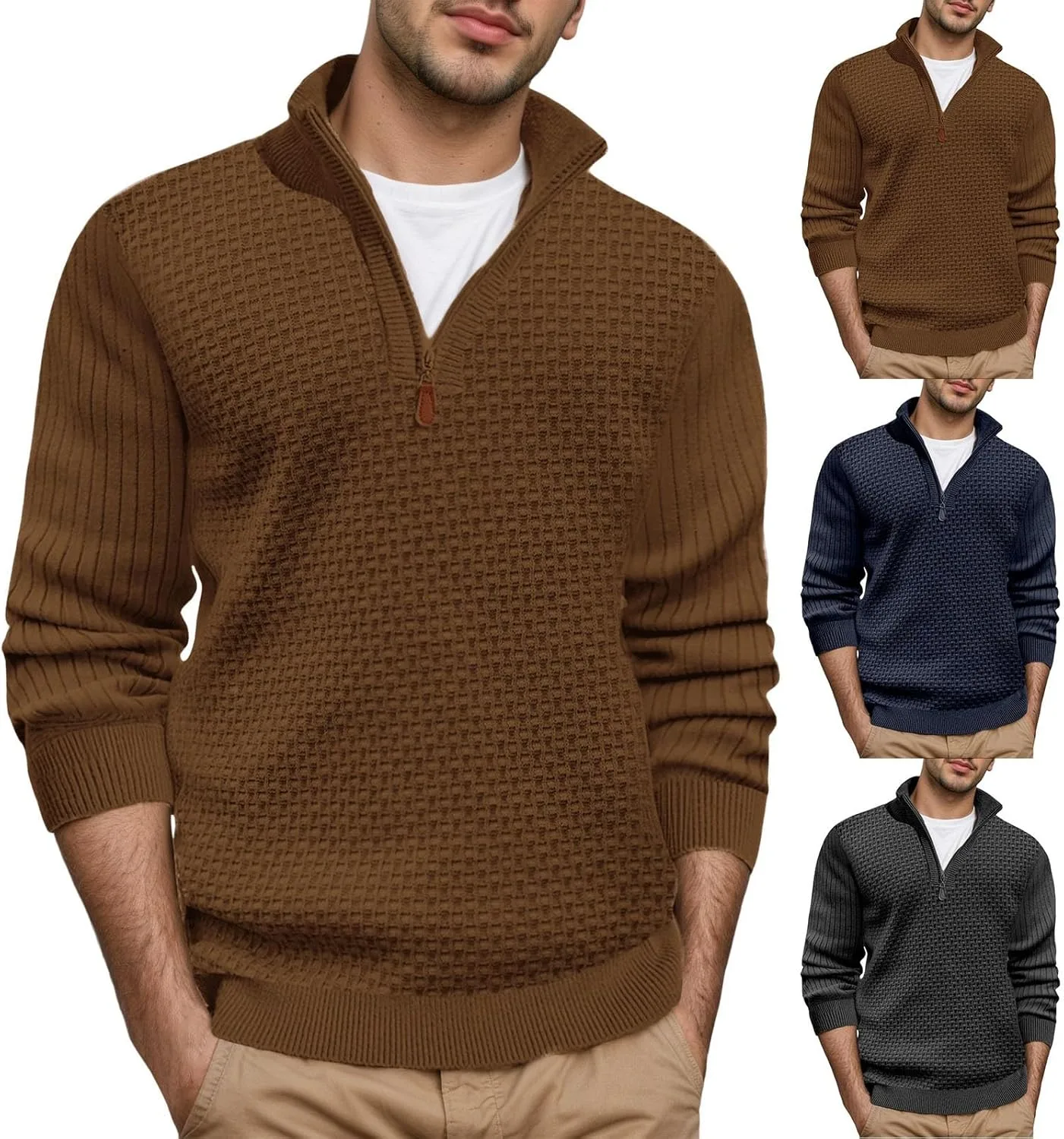 

Мужской свитер с четвертью молнии, кабельной вязкой и воротником стойкой, однотонный, приталенный, с длинными рукавами