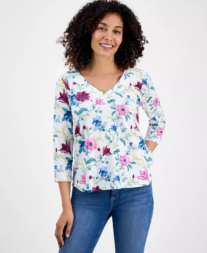 

Футболка Petite Chintz Floral с V-образным вырезом и рукавами 3/4 Style & Co, белый