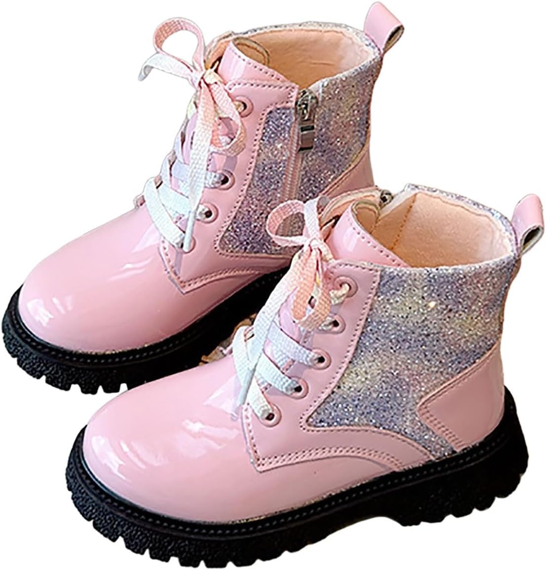 

Детские блестящие босоножки с пайетками, ботильоны на шнуровке, ботинки с боковой молнией, осенне-зимние короткие ботиночки, праздничная обувь для малышей/детей младшего и старшего возраста Generic, Pink