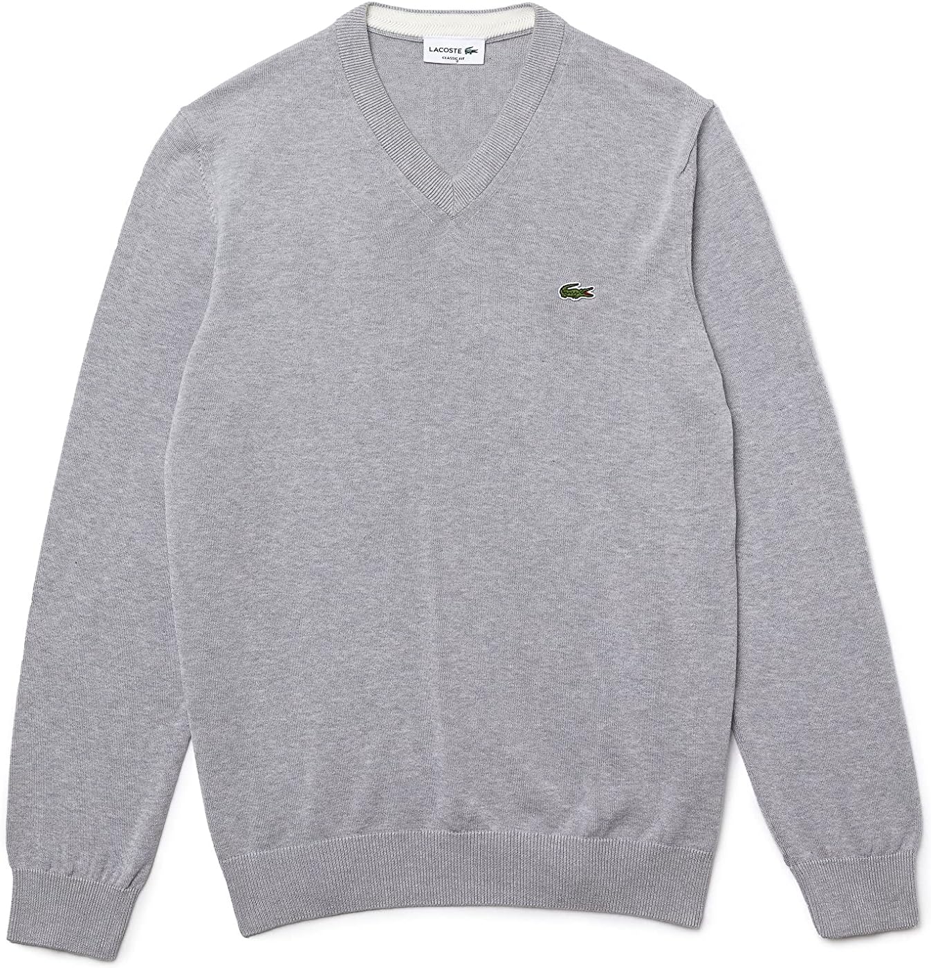 Lacoste мужской свитер с длинным рукавом, прямой крой, V-образный вырез, из органического хлопка, Silver Chine — фото 2