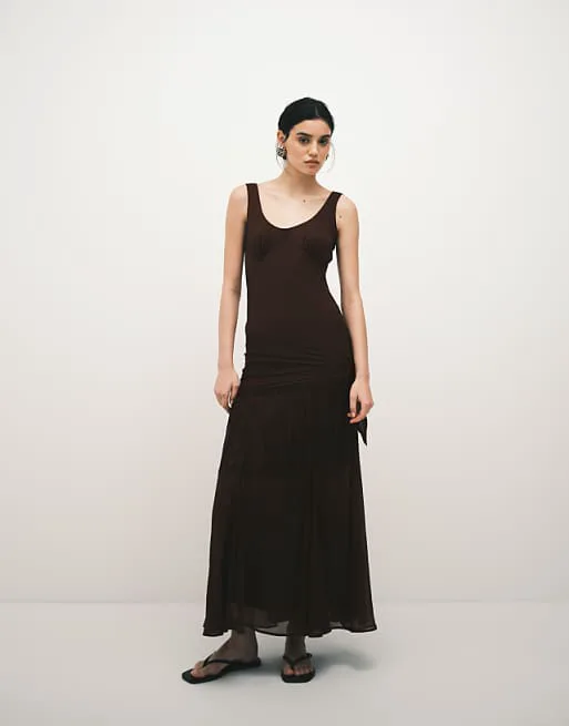 

Бордовое платье макси с бахромой и шифоновой драпировкой ASOS DESIGN