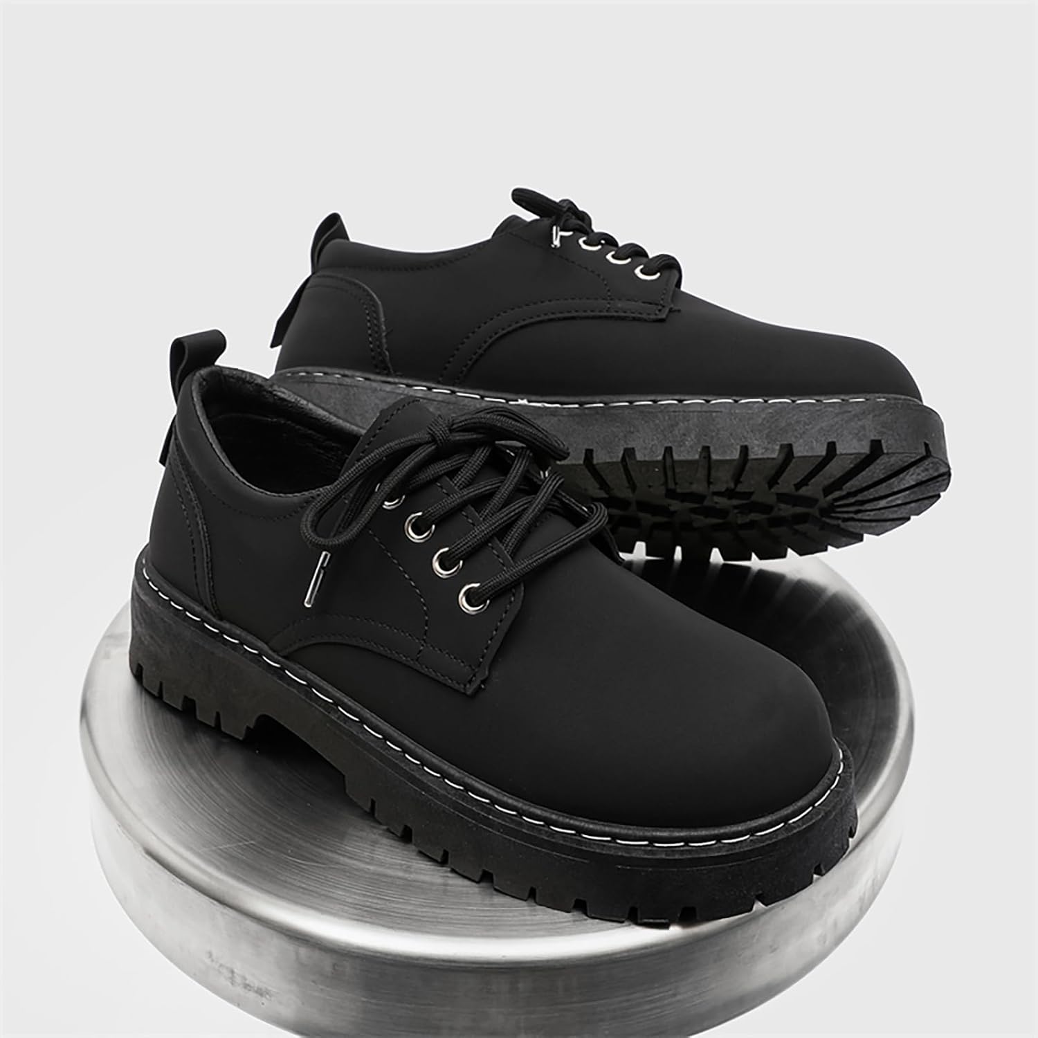 Мужские черные кожаные туфли с платформой Oxfords, классический круглый носок, шнуровка, массивный каблук, удобные, с противоскользящей подошвой, дерби Ryvz Tynx — фото 3