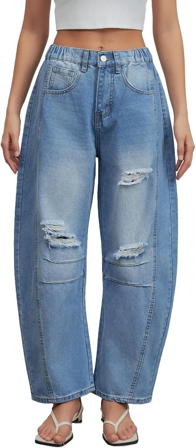 

LifeShe Distressed Barrel Jeans для женщин, широкие, рваные