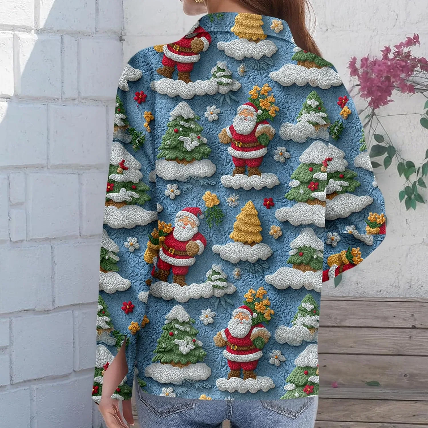 Женская блуза с рождественским принтом, Oversized, Long Sleeve, Button Down, 2-light Blue — фото 2