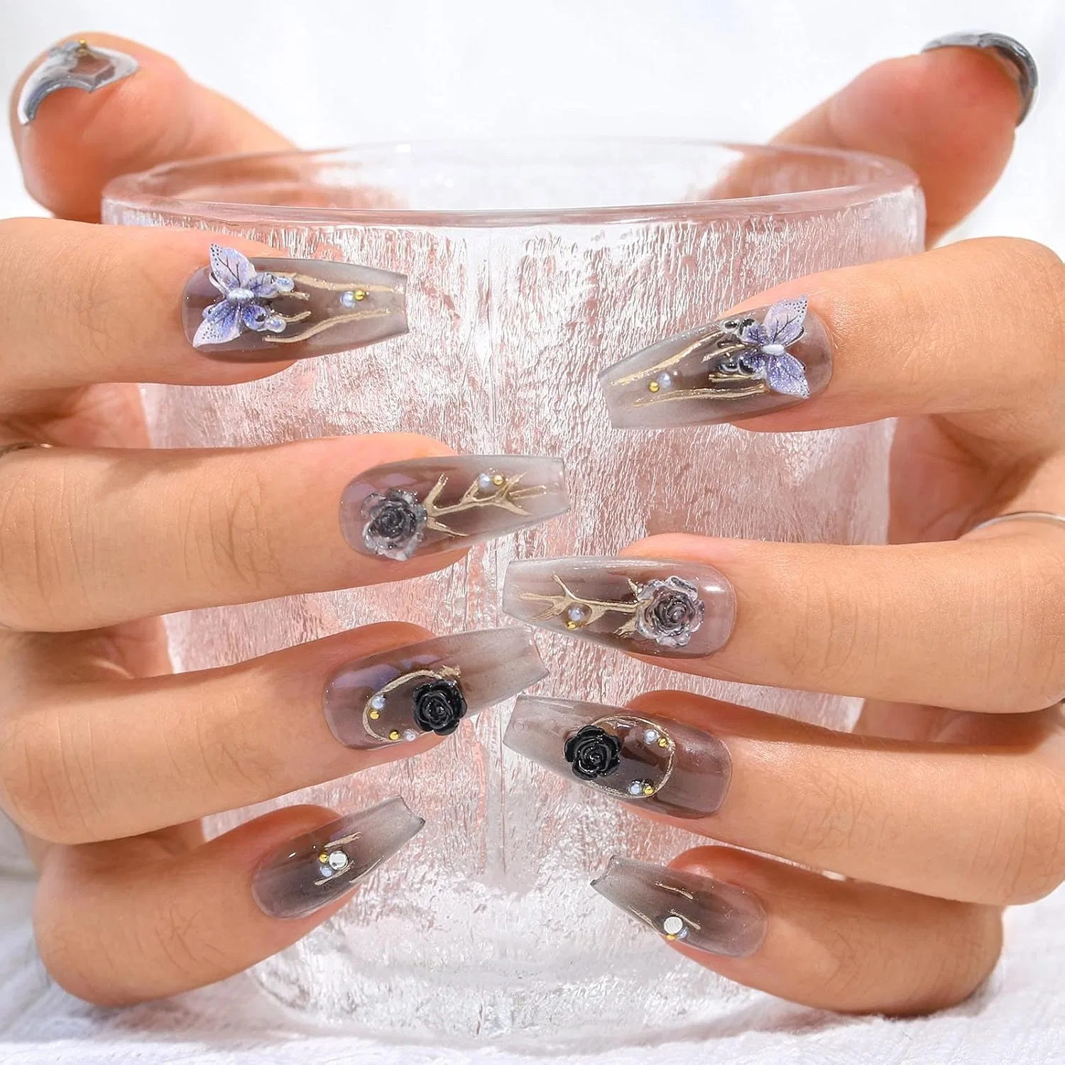 Накладные ногти «Black Gradient Nails Press» с 3D-цветами, 20 шт. Sethexy — фото 3