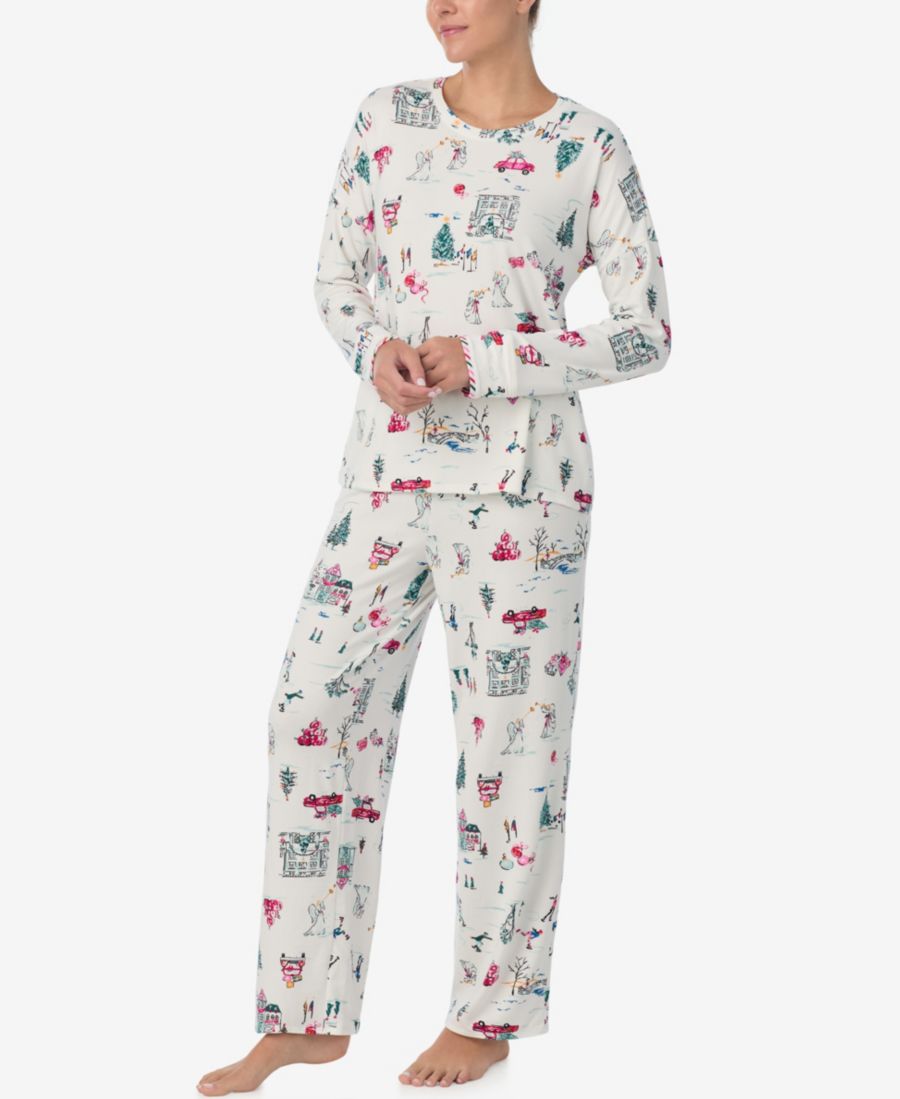 

Женский пижамный комплект: топ с круглым вырезом и брюки с принтом Ellen Tracy, White