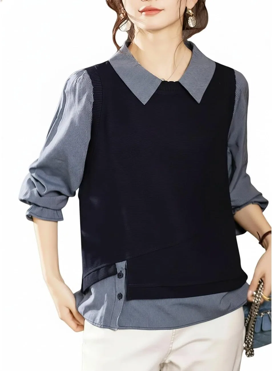 Блуза с полосками Layered Style, Navy