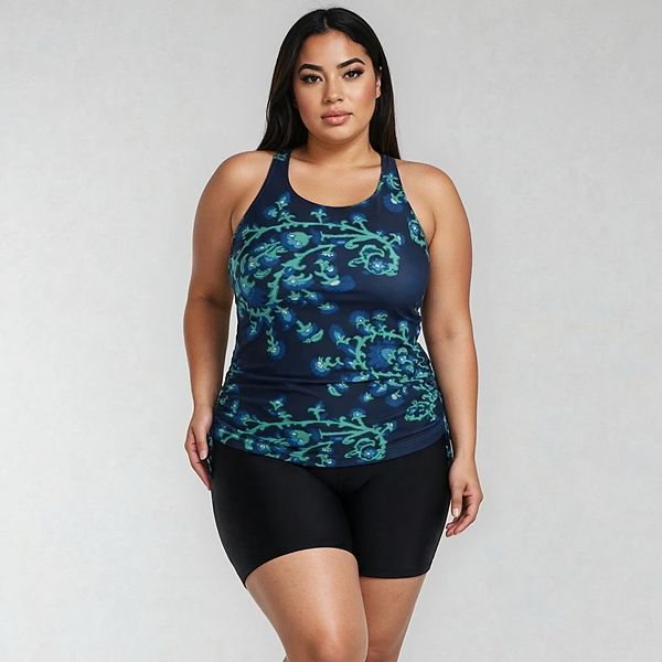 

Женский топ-танкини Maya с встроенным бюстгальтером и черные шорты для плавания до середины бедра Calypsa Llc, Barbados Blue