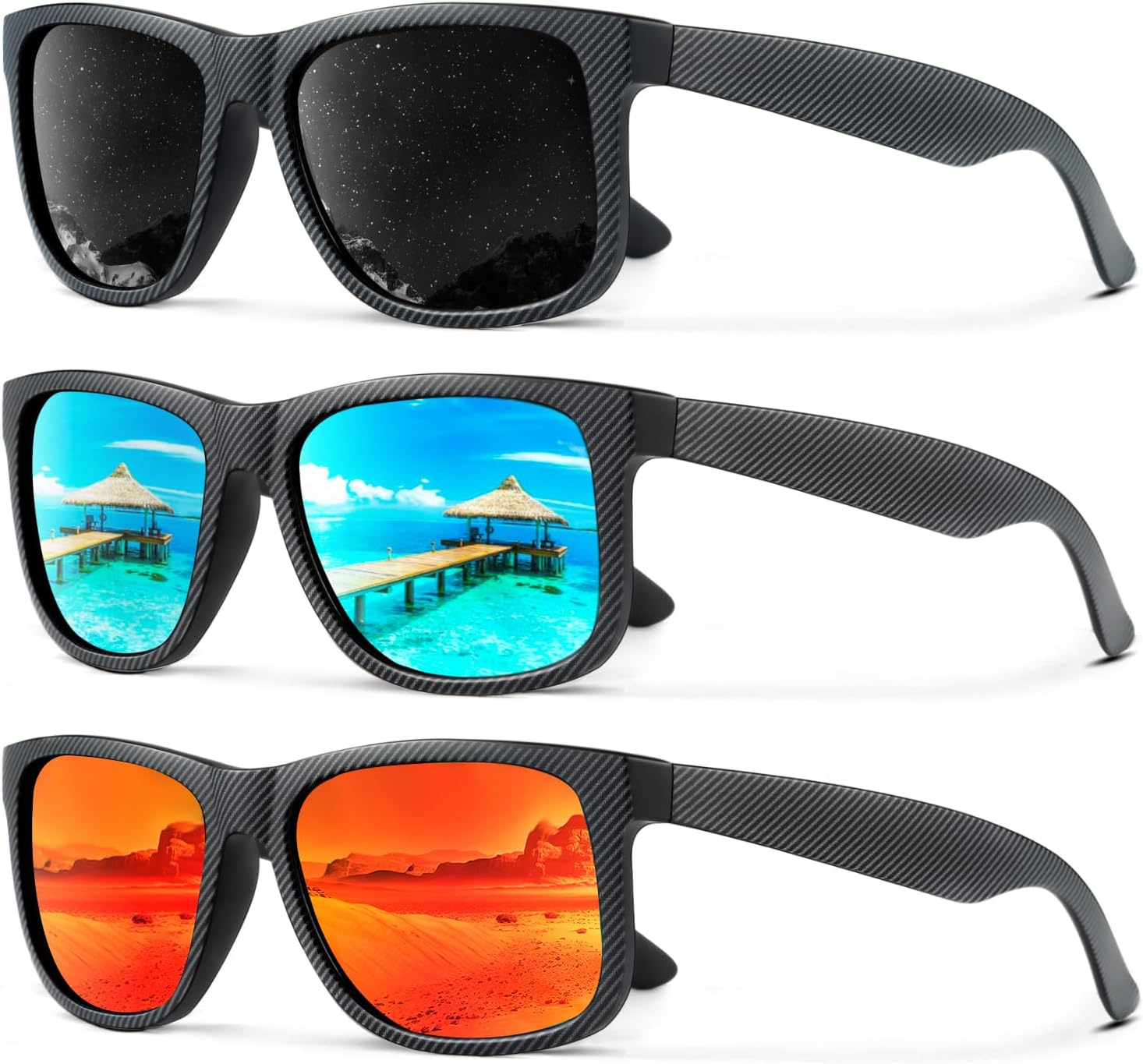 

Солнцезащитные очки KALIYADI для мужчин и женщин, поляризованные, классическая матовая черная оправа, защита от УФ-излучения, комплект из 3 штук, (3 Pack) Black Stripes Frame | Black/Ice Blue/Red