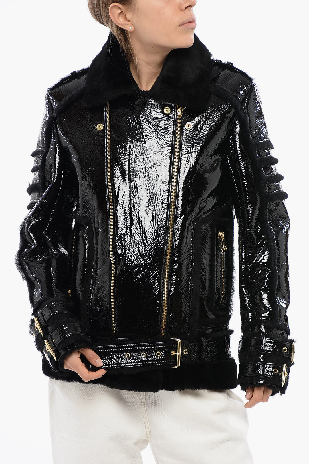 

Байкерская куртка из овчины Balmain, черный
