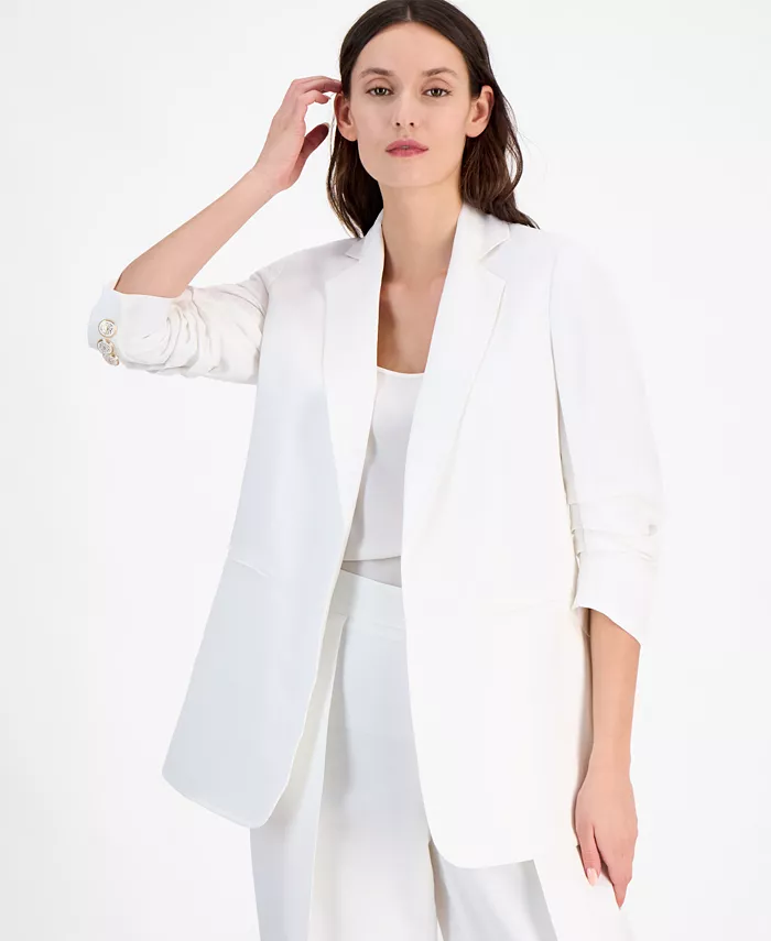 

Женская льняная укороченная куртка с отложным воротником и рукавом 3/4 Anne Klein, белый