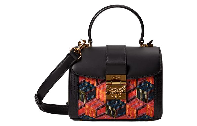 

Футболка с жаккардовой тканью и кожаной вставкой на одно плечо, женская, черная, красная и разноцветная MCM