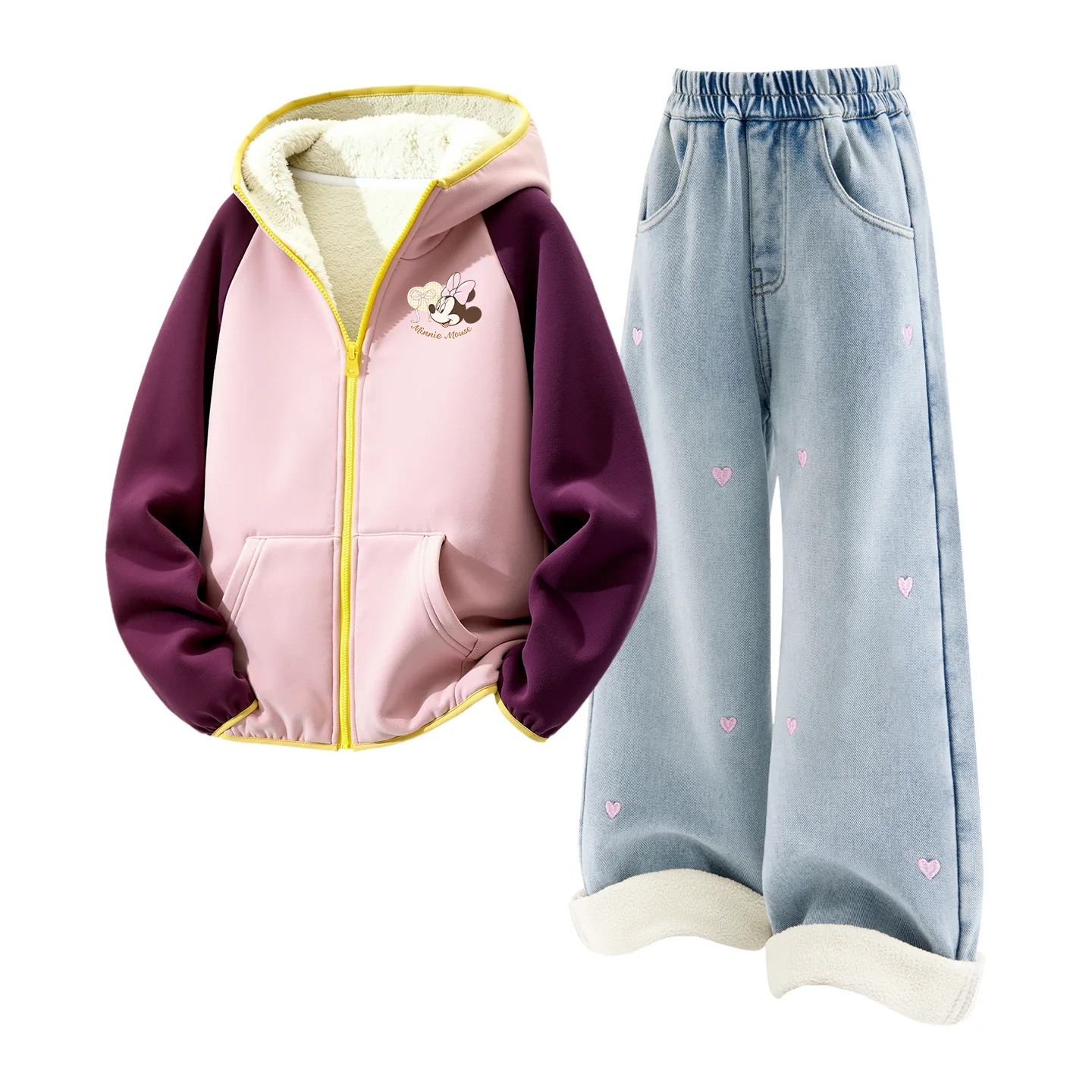 Детский спортивный костюм с воротником-стойкой на флисе Disney, [Thickened and Fleece-Lined]Di Xin Jie Ni K Dark Pink+Solid Color Denim Light Blue
