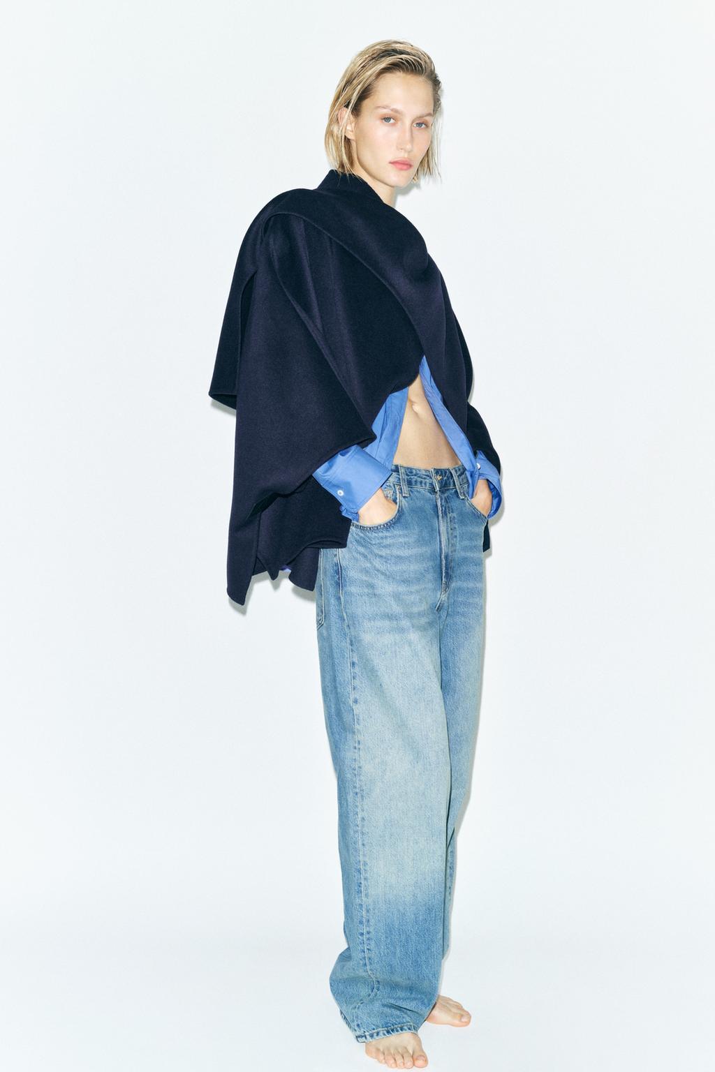 

Шерстяная накидка с шарфом ZARA, синий