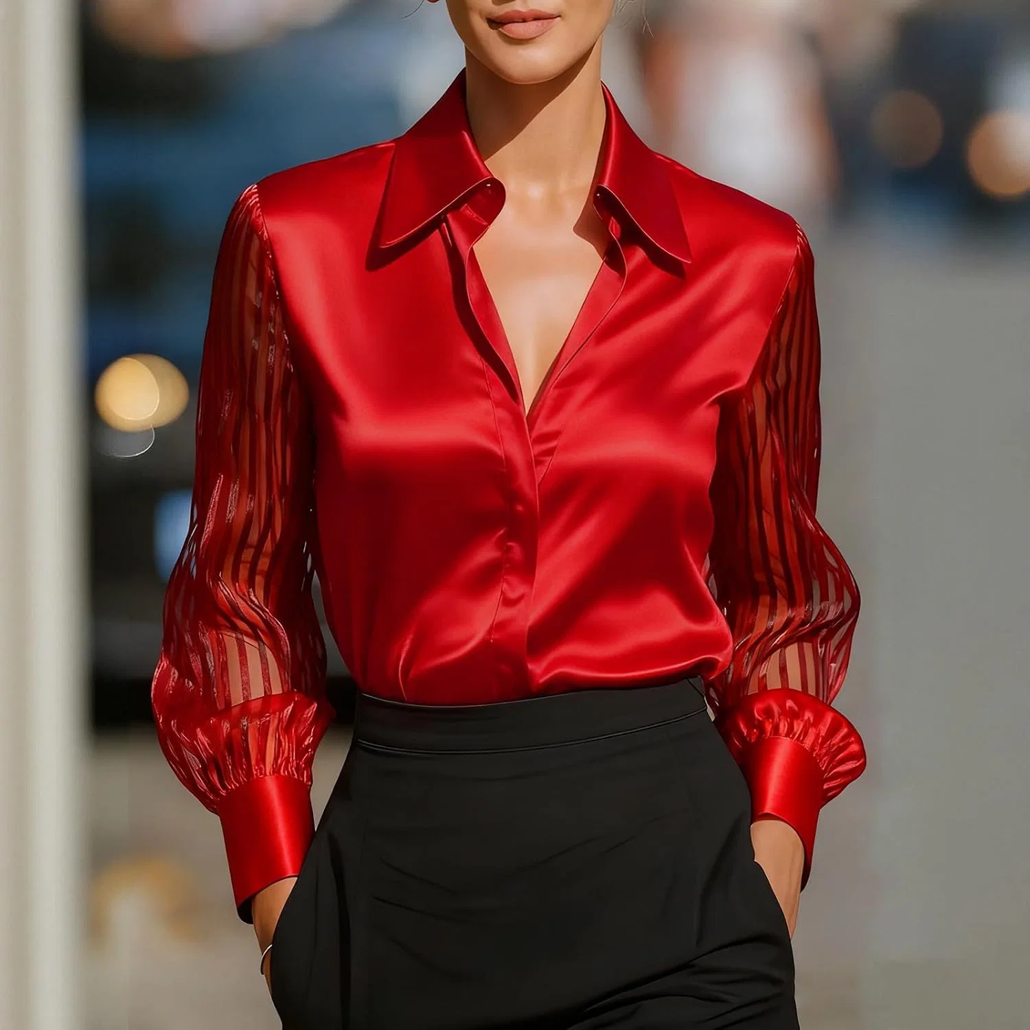 Блуза с воротником, четырехсторонняя ткань, Button-Down Shirt, красный — фото 2