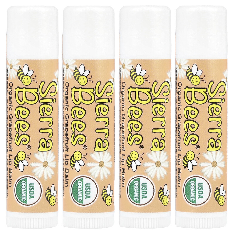 

Sierra Bees, Органические бальзамы для губ, грейпфрут, 4 в упаковке, 4,25 г каждый