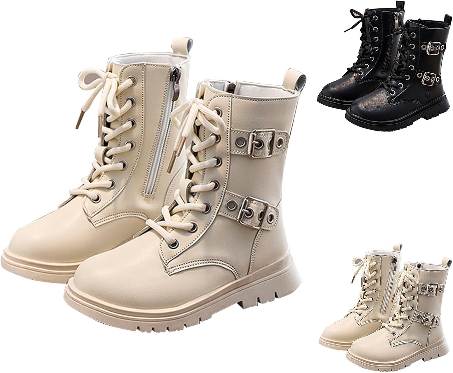 

Generic Детские ботинки с пряжкой и шнуровкой на щиколотке, черные и белые, для мальчиков и девочек, на платформе с резиновой подошвой, стильные ковбойские сапожки