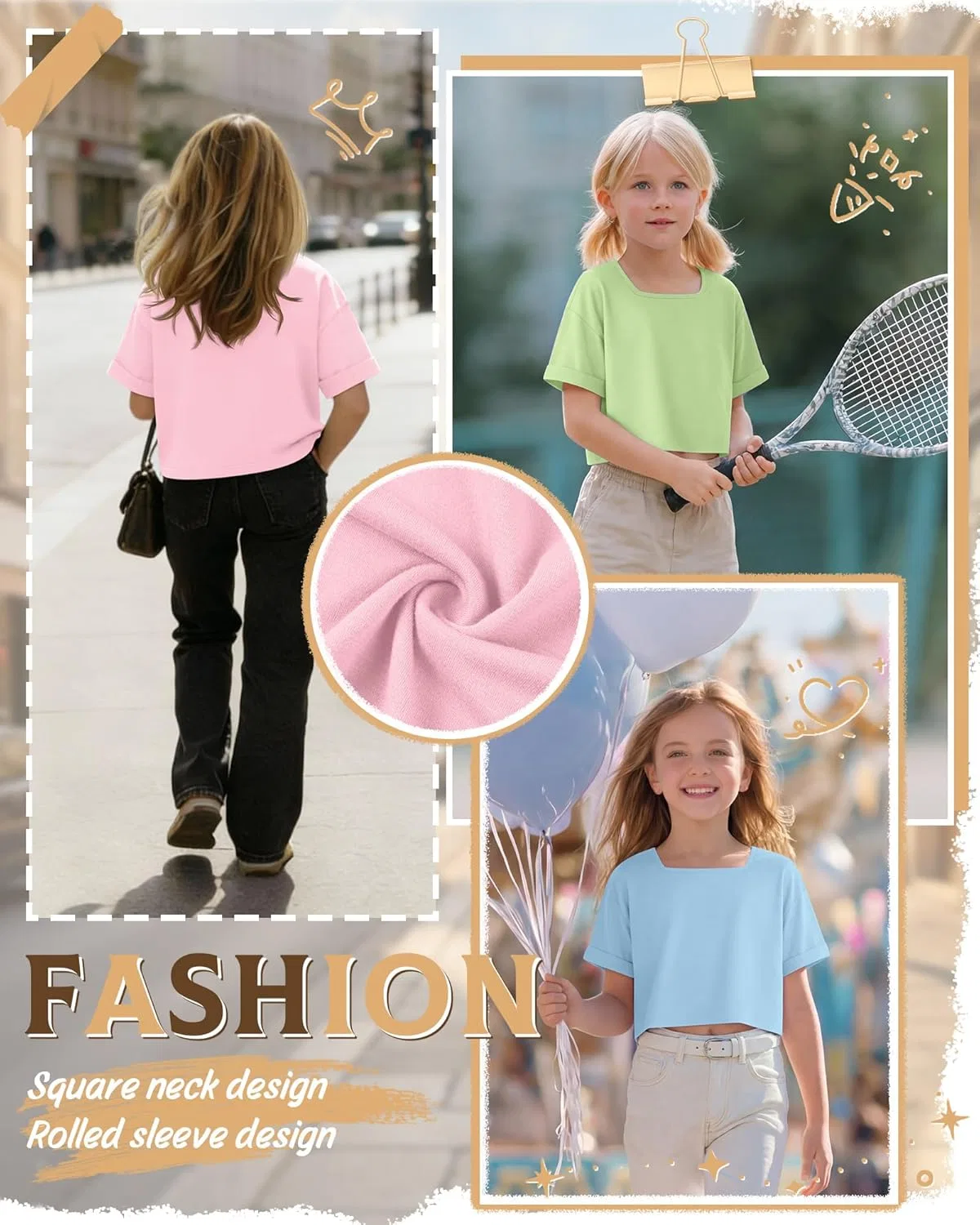 Комплект из 3 детских топов оверсайз с квадратным вырезом, LessonZoo, Light Pink, Light Green, Sky Blue — фото 3