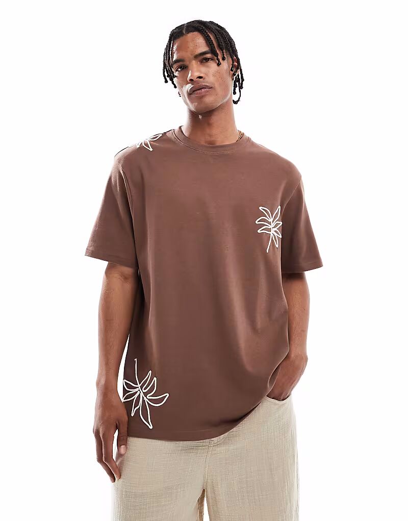 

Футболка Threadbare 200 GSM из хлопка с короткими рукавами коричневого цвета с вышитым цветком