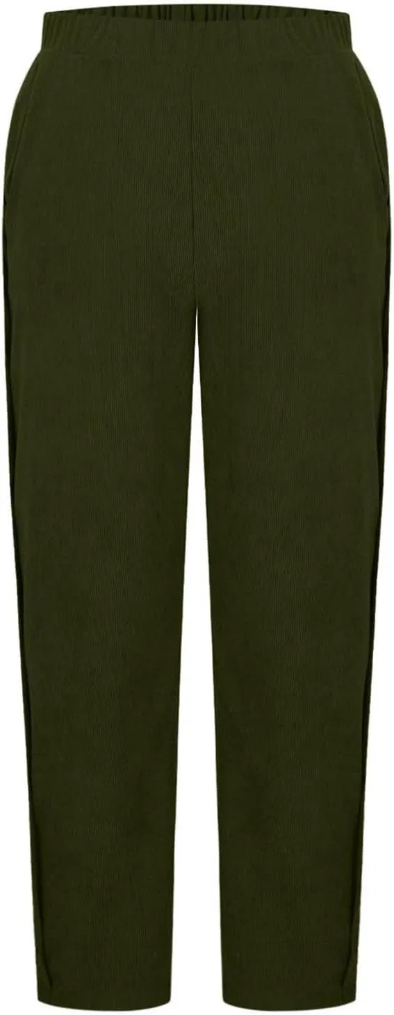 Женские брюки из вельвета Casual Wide Leg в стиле Treetop с эластичным поясом и комфортной посадкой Palazzo для повседневной носки Generic, зеленый — фото 4