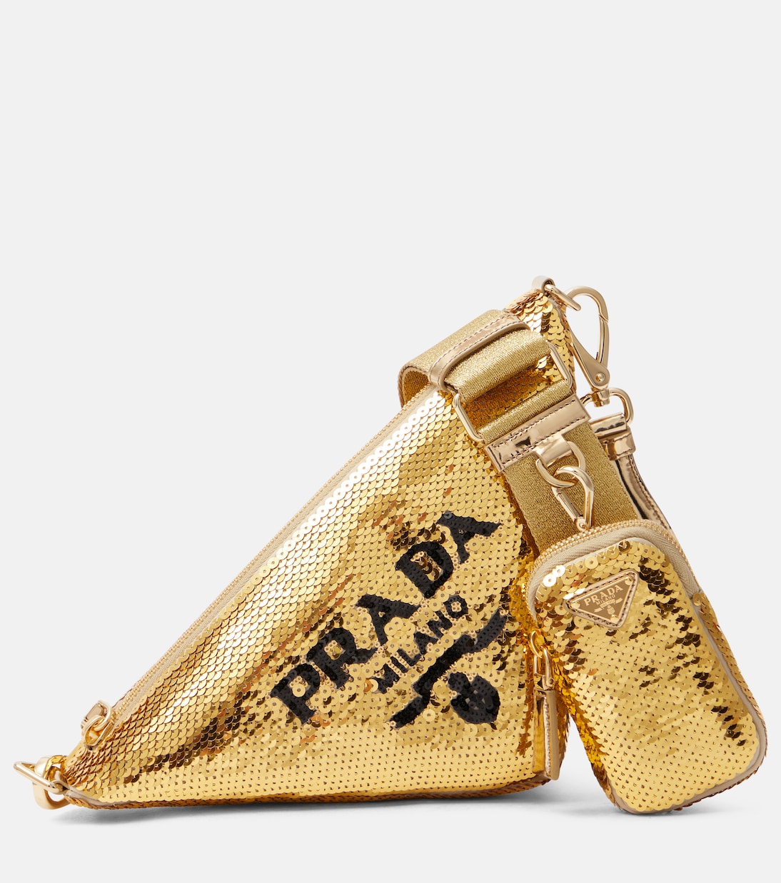 

Треугольная сумка через плечо с пайетками Prada, Platino+Nero
