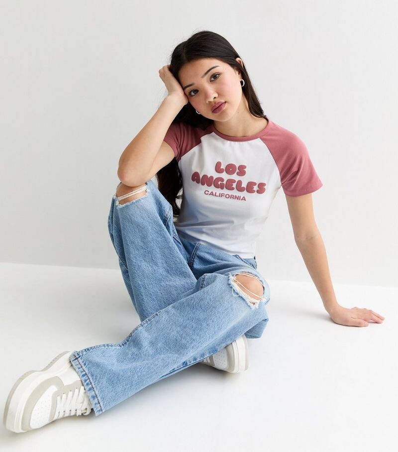 

Розовая футболка с принтом «Лос-Анджелес» для девочек New Look, темно-розовый