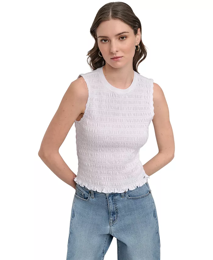 

Женский топ с круглым вырезом и сборкой на рукавах без рукавов DKNY Jeans, белый