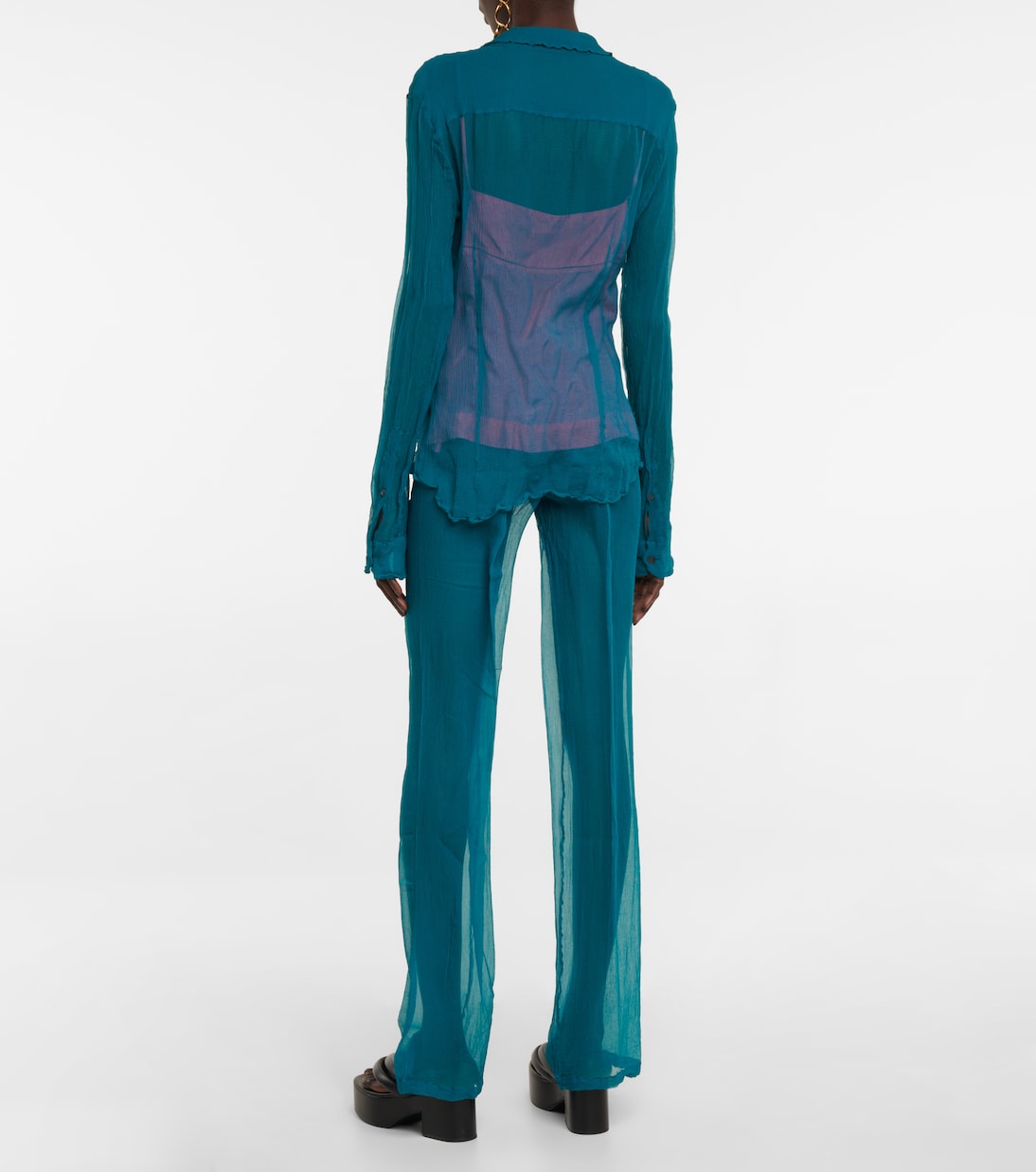 Прямые шелковые брюки с высокой талией Dries Van Noten, Petrol — фото 3