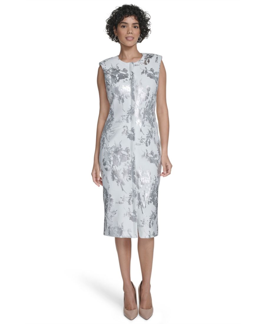 

Женское платье-футляр без рукавов с фольгированным принтом Calvin Klein, Cream/sliver