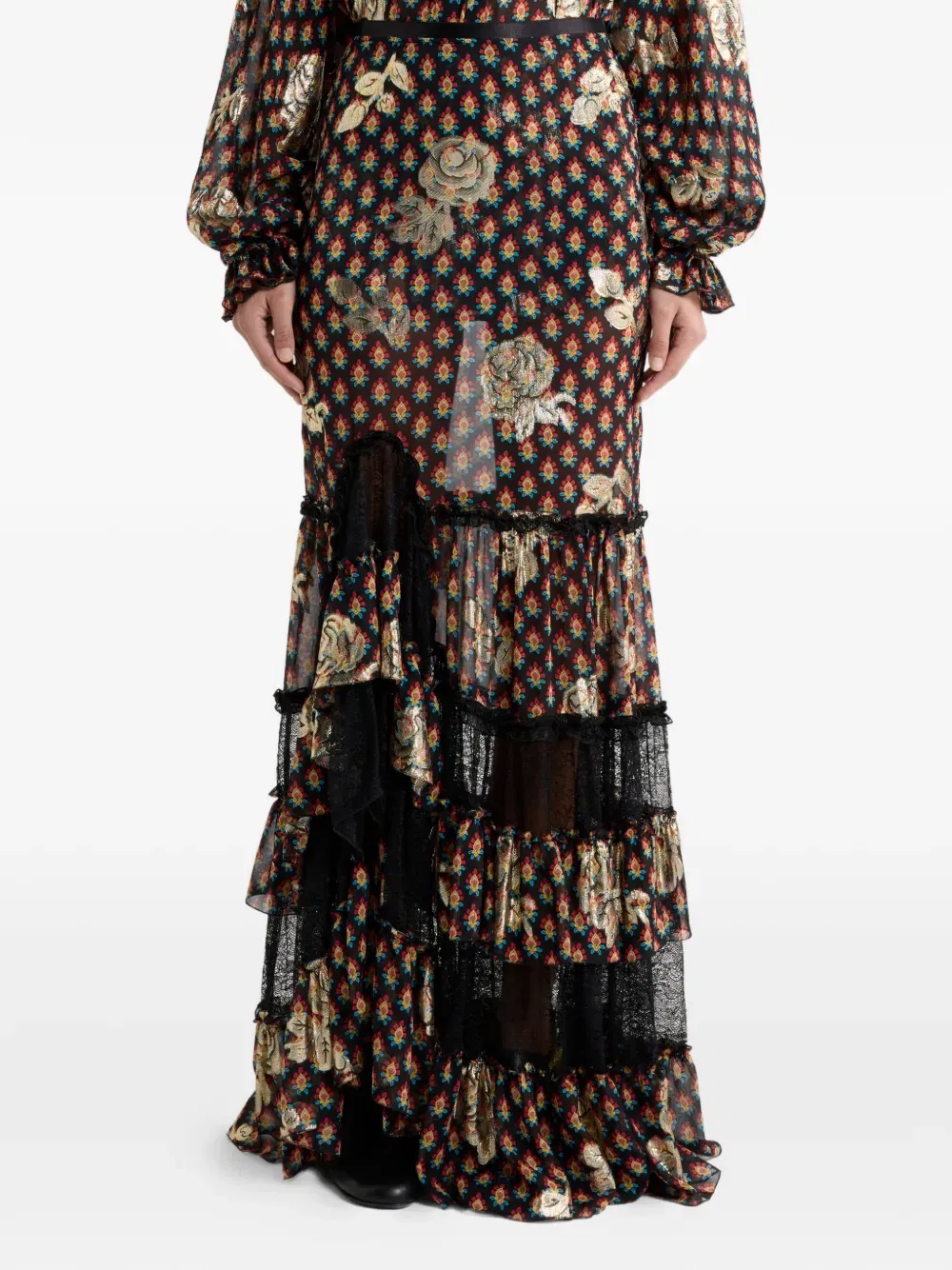 Асимметричная юбка из кружева с узором из роз Etro, черный — фото 3