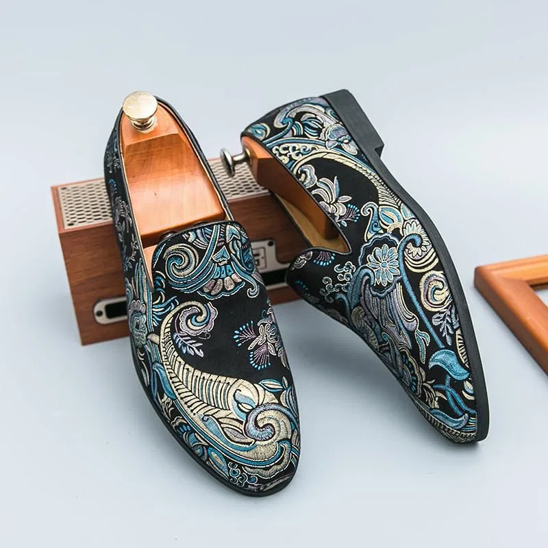 Лоферы мужские с цветочной вышивкой, барокко, Black and Blue ZCZ — фото 2