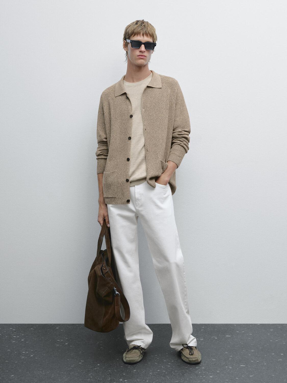 

Кардиган из 100% хлопка, связанный спицами мулине Massimo Dutti, Beige Marl