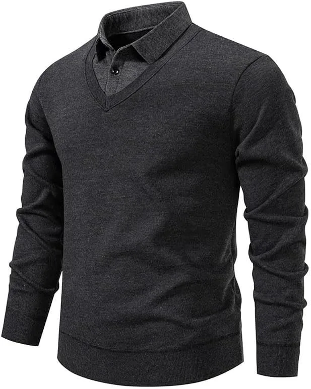 Мужской вязаный свитер slim fit с отложным воротником и флисовой подкладкой — фото 4
