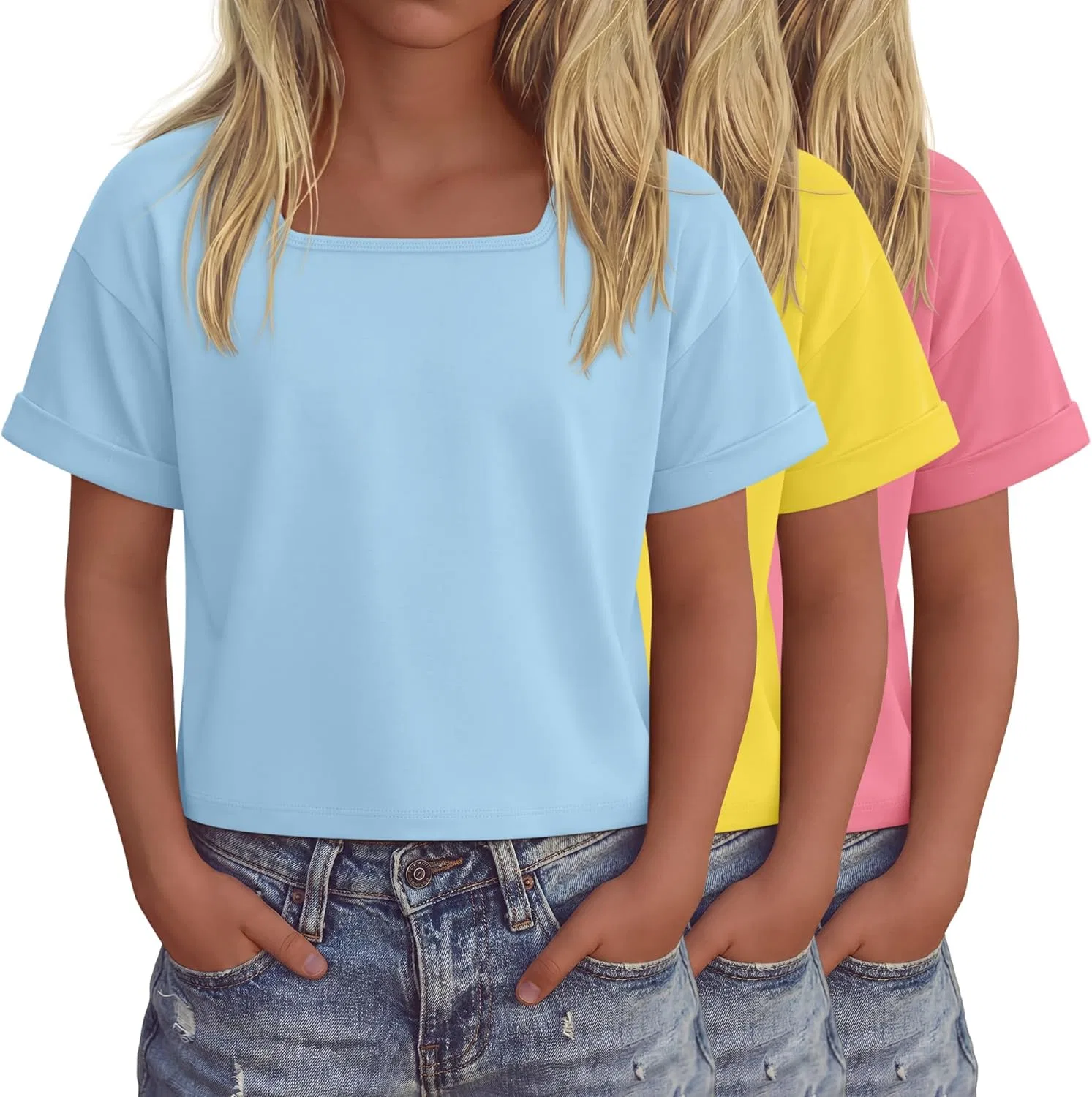 Детский топ оверсайз с квадратным вырезом LessonZoo, 3 шт, Sky Blue, Yellow, Peach Pink