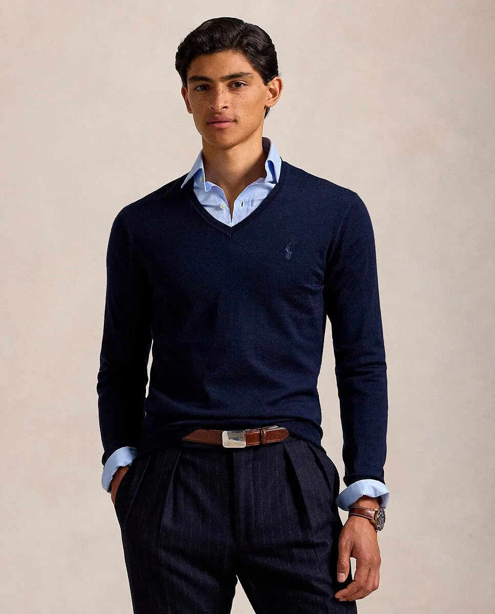 

Мужской свитер из шерсти мериноса с V-образным вырезом Polo Ralph Lauren, темно-синий