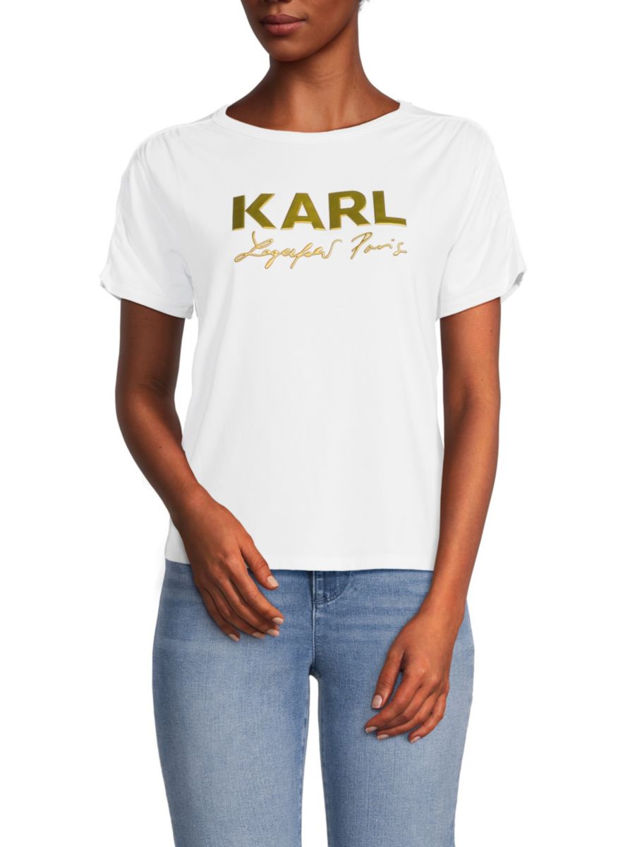 

Футболка с металлическим логотипом и сборками Karl Lagerfeld Paris, белый