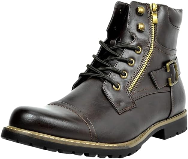 

Мужские ботинки, металлическая двойная молния, мотоциклетные мужские ботинки, модные мужские средние Azttoztto, темно-коричневый