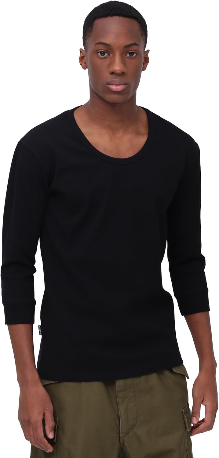 

Мужская футболка Avirex 6143509 с рукавом 3/4, антибактериальная, дезодорирующая, повседневная, в рубчик, черный