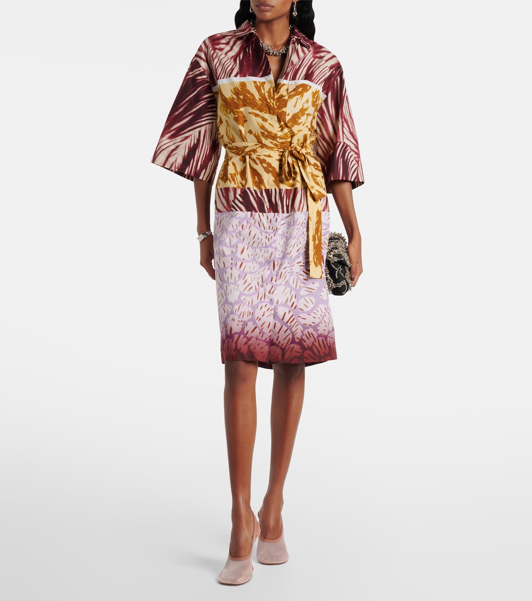 Печатное хлопковое платье-рубашка из поплина Dries Van Noten, бордовый — фото 2