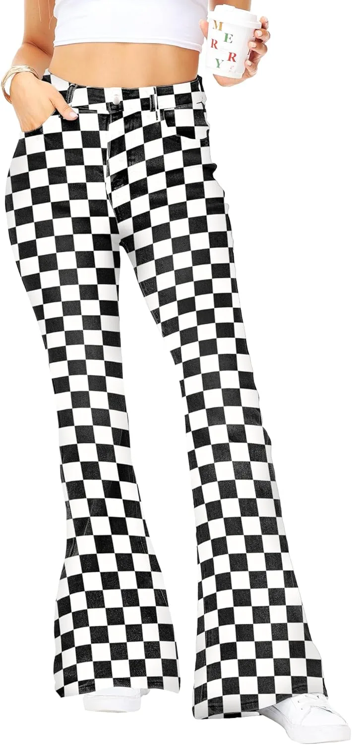 

Женские джинсы с высокой талией и расклешенным низом в клетку Magrank